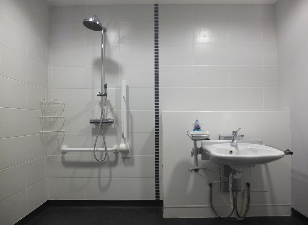 Adjustable sink and hand held shower head with wet room flooring.